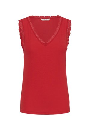 Raudonas moteriškas be rankovių viršus su V formos iškirpte ir raukiniais palei iškirptę bei rankovių angas, pagamintas iš lengvos medžiagos.