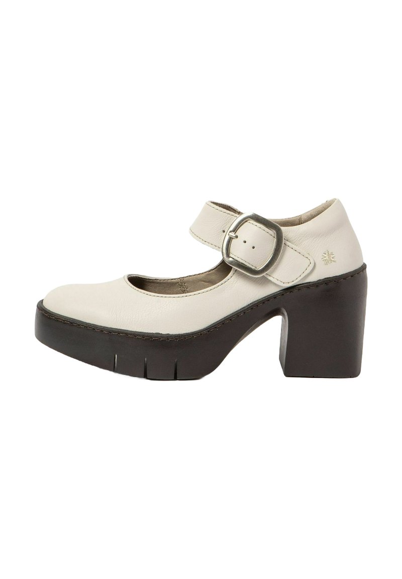 White leather Mary Jane shoe with a rounded toe, adjustable ankle strap, and a chunky dark brown block heel with grooves.