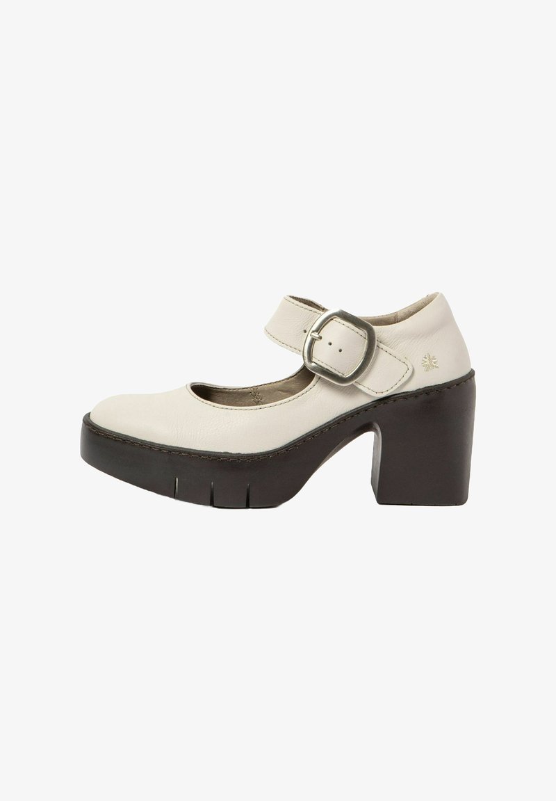 White leather Mary Jane shoe with a rounded toe, adjustable ankle strap, and a chunky dark brown block heel with grooves.