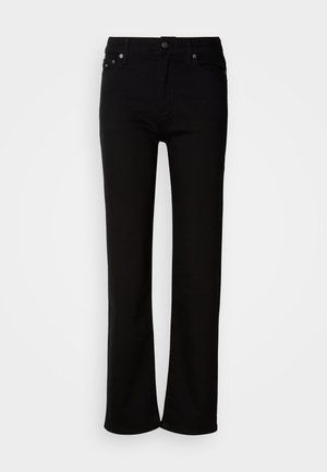 Zwarte denim rechte jeans met een klassiek vijf-pocket ontwerp, knoopsluiting en subtiele stikdetails. Glad textuur, volledige lengte.