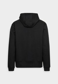 Svart hettegenser laget av mykt stoff, med hette, ribbede ermer og kant. Enkel, sømløs design uten synlige logoer eller grafikk.