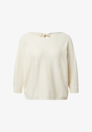 Kremowy sweter z okrągłym dekoltem, rękawami 3/4 oraz wiązaniem z tyłu. Wykonany z miękkiej, teksturowanej tkaniny.