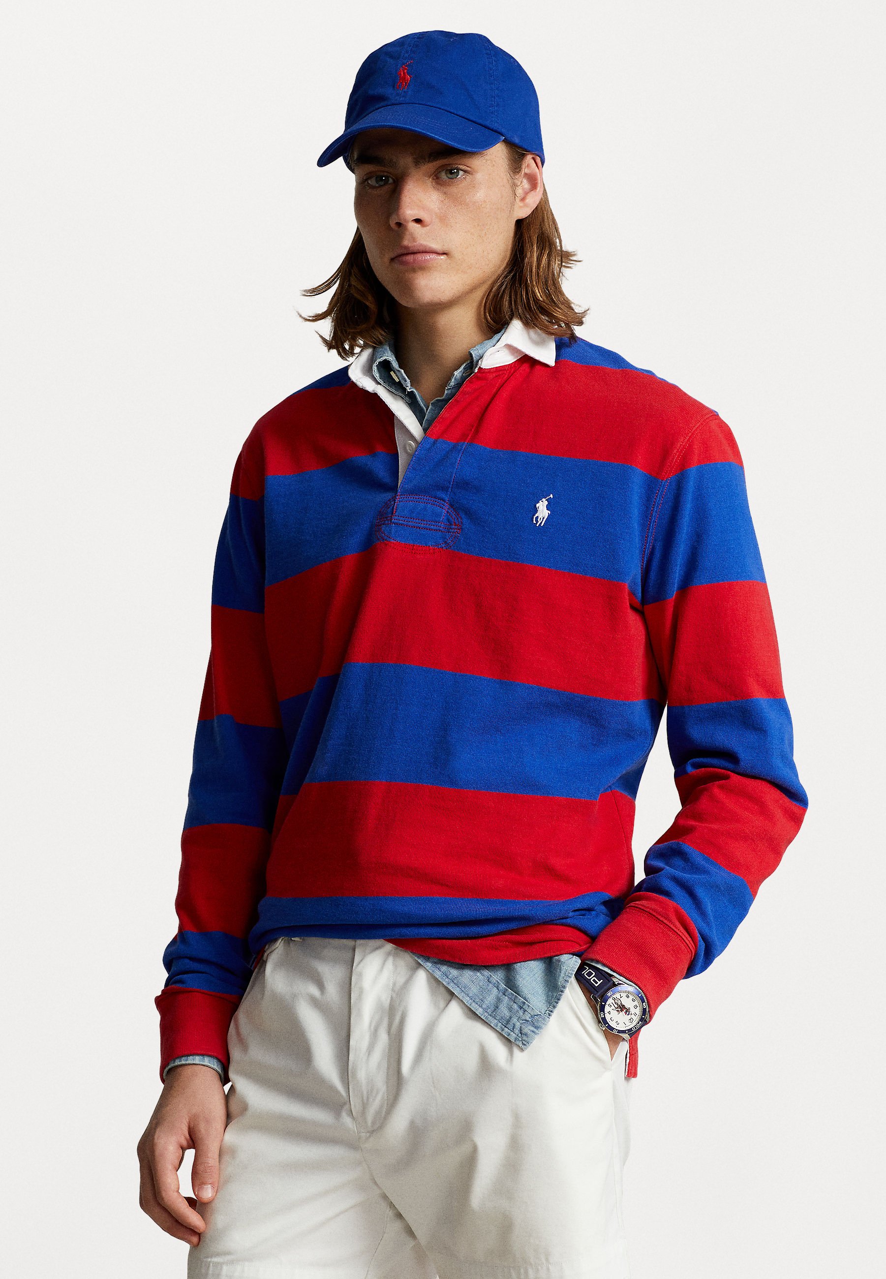 royal blue and red polo shirt