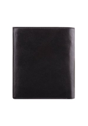 Cartera de cuero negro con una textura suave, forma rectangular y costuras sutiles a lo largo de los bordes. Sin marcas ni patrones visibles.