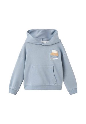 Ljusblå hoodie i mjukt material, med en framficka och en grafisk bild av en camper med texten "CAMPING DAYS". Justerbar huva.