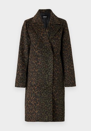 Manteau imprimé léopard dans des nuances de vert et de brun, avec un col cranté, des manches longues et une coupe décontractée. Tissu doux et texturé.