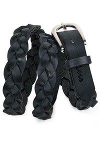 Pulsera de cuero negro con un diseño trenzado, superficie suave y un hebilla de metal plateado para el cierre.