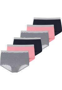 Fünf Paare von Hipster-Unterwäsche in Marineblau und Pink. Merkmale sind gestreifte Muster und weiße elastische Taillenbänder.