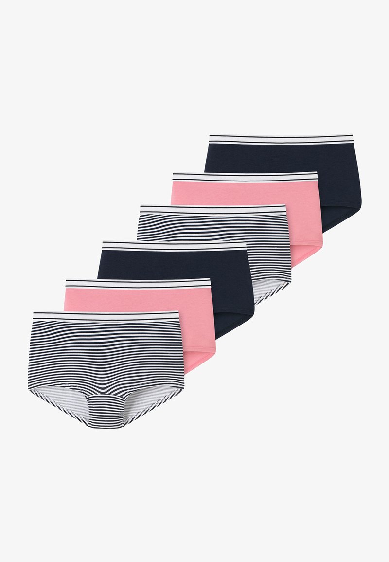 Fünf Paare von Hipster-Unterwäsche in Marineblau und Pink. Merkmale sind gestreifte Muster und weiße elastische Taillenbänder.