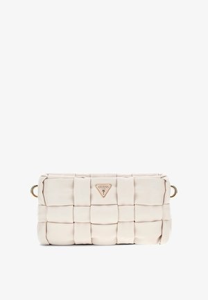 Rectangular beige bag with a quilted design, gold hardware, and a triangular logo plaque. Smooth texture with subtle sheen.