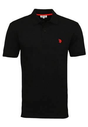 Polo noir à manches courtes avec col, patte de boutonnage à deux boutons et petit logo de cheval rouge brodé sur la poitrine gauche.