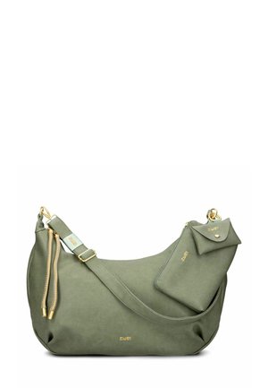 Grüne Kunstleder-Schultertasche mit einer glatten Textur, goldenen Hardware-Details und einem abnehmbaren Beutel. Verfügt über ein gewölbtes Design und einen verstellbaren Träger.