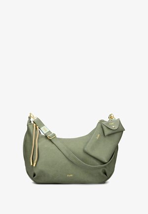 Groene nep leren schoudertas met een gladde textuur, gouden hardware accenten en een afneembare tas. Heeft een ronde vorm en een verstelbare riem.