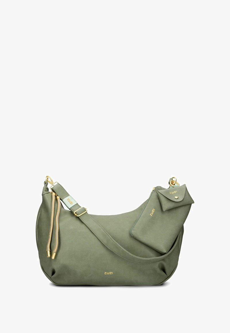 Groene nep leren schoudertas met een gladde textuur, gouden hardware accenten en een afneembare tas. Heeft een ronde vorm en een verstelbare riem.