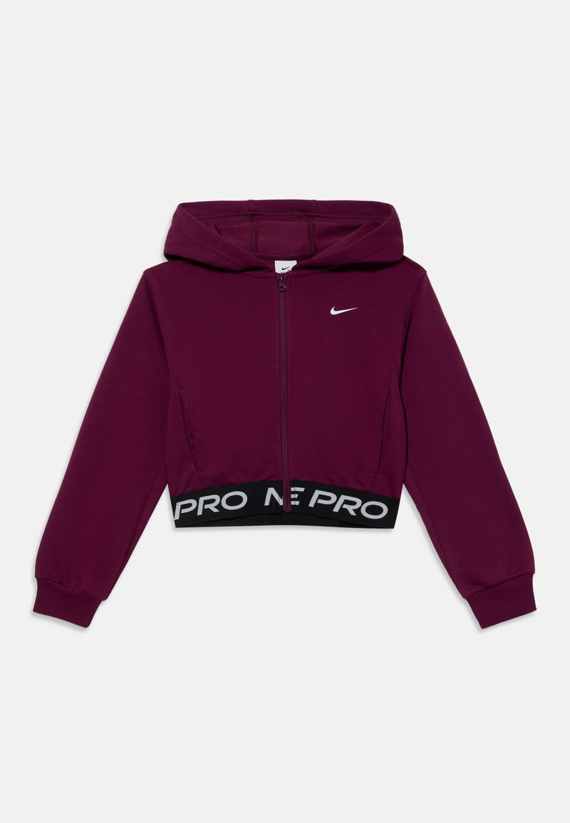 Sötétlila, rövid fazonú kapucnis pulóver, cipzárral, hosszú ujjal, fekete elasztikus derékrésszel, amelyen "NIKE PRO" felirat található, és egy kis fehér Nike logo a mellkason.