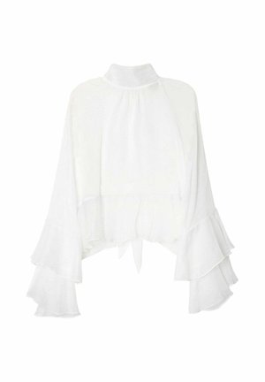 Weiße, transparente Bluse mit hohem Kragen, lockerem Schnitt und gestuften Rüschenglockenärmeln, die ein Bindeband in der Taille aufweist.