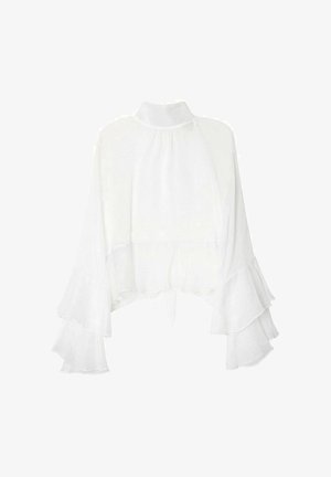 Weiße, transparente Bluse mit hohem Kragen, lockerem Schnitt und gestuften Rüschenglockenärmeln, die ein Bindeband in der Taille aufweist.