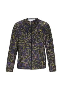Giacca a vento colorata con base nera e motivi geometrici astratti in giallo, rosa e viola. Realizzata in tessuto leggero.