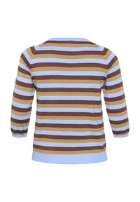 Stripe-patterned sweater in blue, brown, and gold. Features a ribbed neckline and three-quarter length sleeves. Soft knitted fabric.