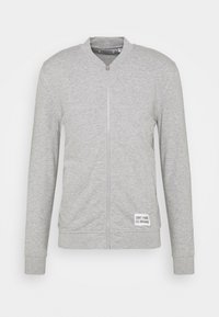 Giacca zip in grigio chiaro con colletto e polsini a coste, due tasche frontali e una piccola etichetta bianca con la scritta "NON PANICARE È ORGANICO" vicino all'orlo.