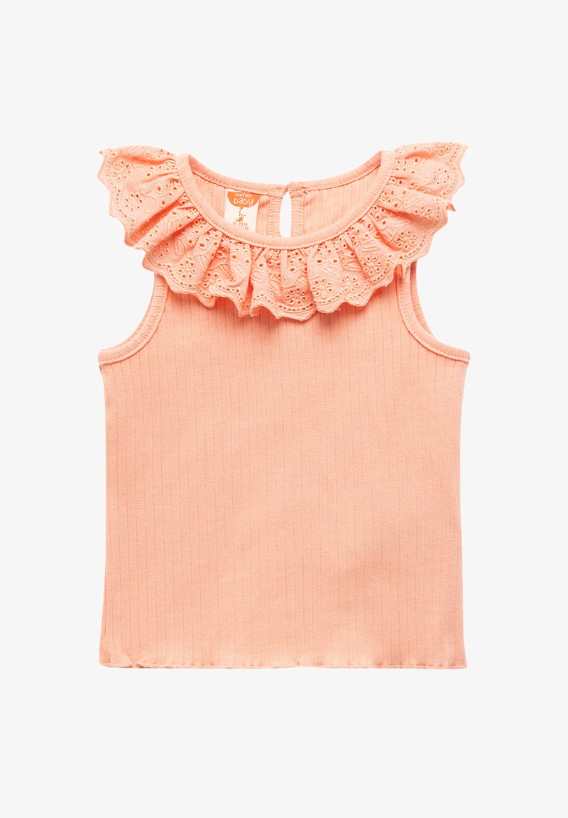 Peach-colored baby tank top with ribbed texture and a scalloped, embroidered eyelet frill around the neckline. Back button closure.