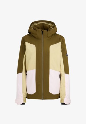 Olive green and cream hooded jacket featuring color-block design, front zipper, elastic cuffs, and pink accents on bottom and sleeves.
