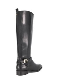 Knee-high black leather boots with a smooth finish, featuring a gold buckle accent and a low, sturdy heel. Classic design suitable for various outfits.
