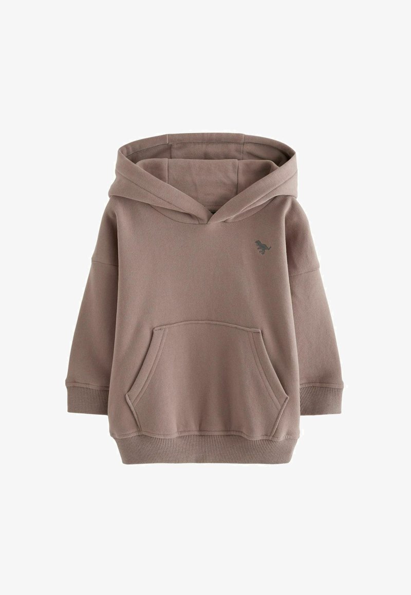 Felpa marrone con una grande tasca frontale, polsini e orlo a coste, e cappuccio con cordino. Presenta un piccolo dettaglio del logo sul petto.