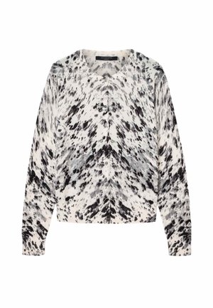 Sweter kardigan na guziki z długim rękawem, z abstrakcyjnym wzorem w czarne, szare i białe plamki oraz okrągłym dekoltem.