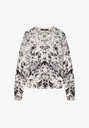 Sweter kardigan na guziki z długim rękawem, z abstrakcyjnym wzorem w czarne, szare i białe plamki oraz okrągłym dekoltem.