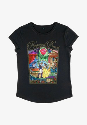 Czarna koszulka z kolorowym witrażem z "Pięknej i Bestii", ukazująca postacie oraz dużą różę.