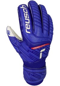 Guanti da portiere blu con grip testurizzato, dita imbottite e un cinturino di supporto al polso. Presente il logo "Reusch" e dettagli in rosso.
