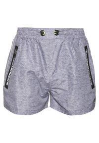 Pánské šedé sportovní šortky s elastickým pasem, stahovací šňůrkou a černými bočními zipy s bílým logem. Hladká, lehká tkanina.