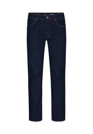 Dunkelblaue Jeans aus Denim mit geradem Schnitt, Fünf-Taschen-Design und Metallknopfverschluss. Dezente Nähte und glatte Textur.