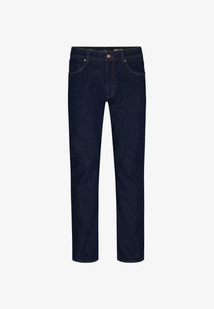 Jeanși din denim albastru închis cu croială dreaptă, design cu cinci buzunare și închidere cu nasture metalic. Cusături subtile și textură netedă.