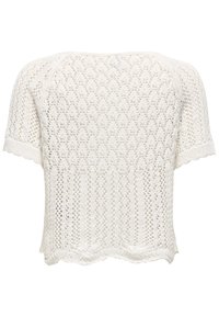 Bílý pletený svetr s volným střih, s krátkými rukávy, s texturovaným vzorem a zvlněným lemem. Lehký a prodyšný materiál.