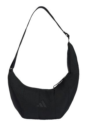Bolso de hombro negro con forma de media luna, correa ajustable y logo sutil de Adidas en el centro delantero.