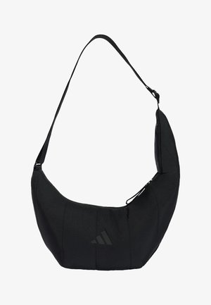 Czarna torba na ramię w kształcie półksiężyca z regulowanym paskiem i subtelnym logo Adidas na środku z przodu.