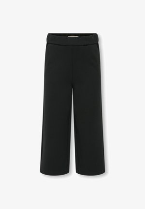 Zwarte cropped broeken met een wijde pijpontwerp, gemaakt van een zachte, gladde stof. Voorzien van een elastische tailleband voor comfort.