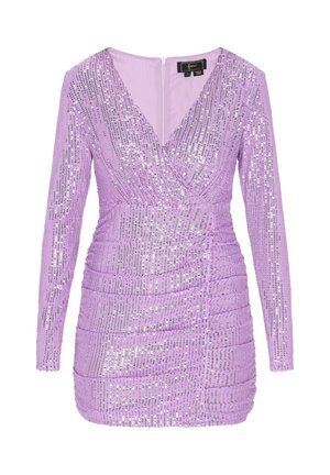 Abito in sequins lavanda con maniche lunghe, scollo a V e dettagli arricciati. Presenta una cerniera sul retro e una silhouette aderente.