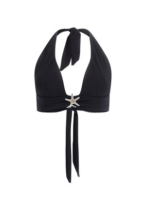 Black halter bikini top with a tie closure, featuring a central starfish accent. Made from smooth fabric, it offers a structured shape.