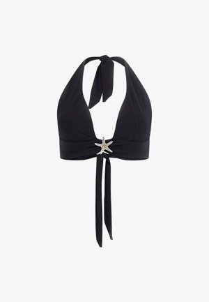 Zwarte halter bikini top met een bindsluiting, voorzien van een centraal zee ster accent. Gemaakt van soepel stof, biedt het een gestructureerde vorm.