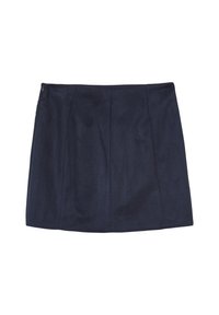 Mini gonna blu scuro con dettagli di cucitura sottili e chiusura con zip laterale, distesa su uno sfondo bianco.