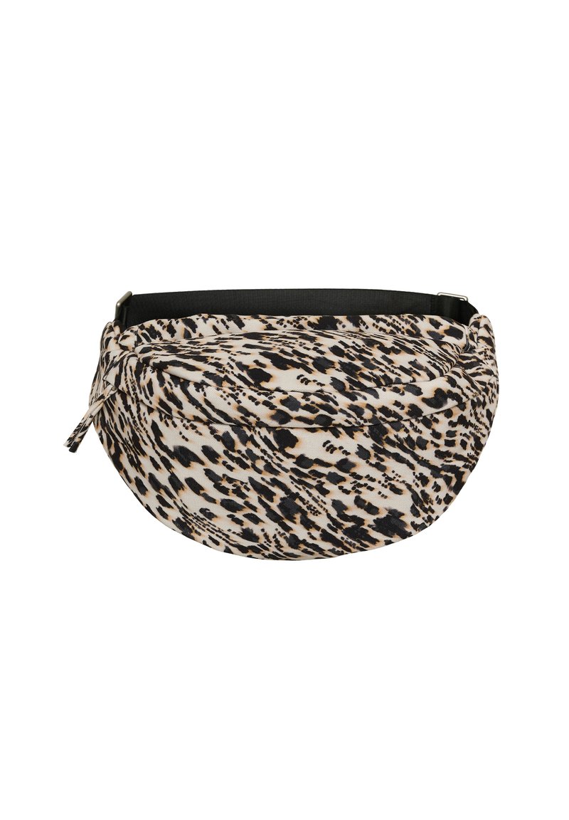 Bumbag v bež in črni živalski print, s klenjeno obliko, mehkimi materiali in nastavljivim črnim trakom.