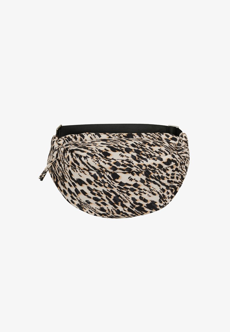 Bumbag v bež in črni živalski print, s klenjeno obliko, mehkimi materiali in nastavljivim črnim trakom.
