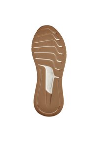 Semelle de chaussure en caoutchouc marron avec plusieurs rainures et crêtes pour l'adhérence, avec un accent blanc lisse près du centre et indiquant la taille 37.