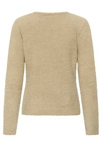 Beige, hosszú ujjú, strukturált pulóver puha, bolyhos anyagból, egyszerű kerek nyakkivágással. Fitted sziluettet mutat, látható díszítések nélkül.