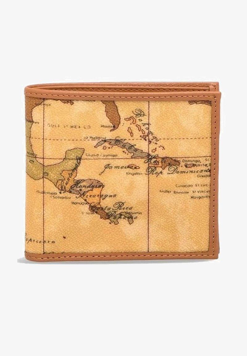 Portafoglio bi-fold in pelle marrone che presenta una mappa vintage stampata dell'America Centrale e dei Caraibi su uno sfondo beige.