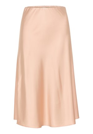 Satin midi svārki maigi persiku krāsā ar elastīgu jostasvietu, līdzenas formas un gludu tekstūru, radot plūstošu siluetu.