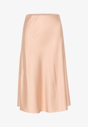Satiini midi-hame pehmeässä persikkavärissä, jossa on joustava vyötärö, liehuva muotoilu ja sileä tekstuuri, luoden virtaavan siluetin.
